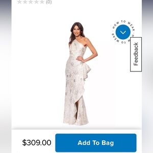 Xscape NWT One-Shoulder Floral Ruffle Evening Gown Cream Silvery Metallic sz4